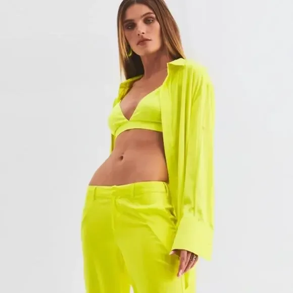 NEW Ser.O.Ya by Retrofête Cayne Silk Shirt - Neon Lime Yellow - XS - $375 - Picture 3 of 12
